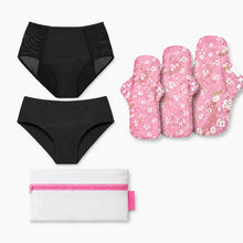 Load image into Gallery viewer, First Period Starter Kit for Teens | 2 Period Underwear, 3 Organic Cotton Reusable Pads &amp; FREE Accessories

