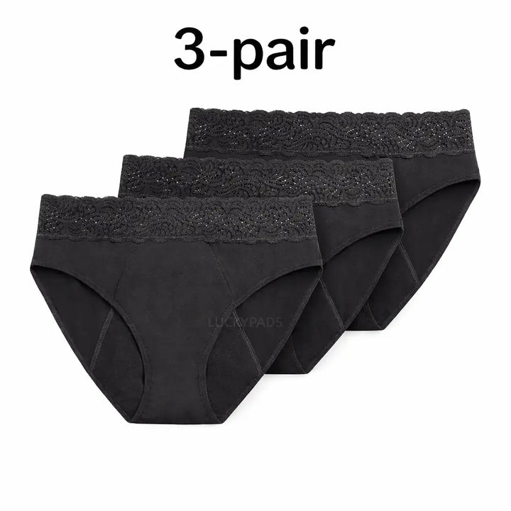 3-pair luckypads lace period underwear.Black