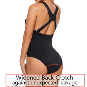 Back View of luckypads period swimwear teens, Black