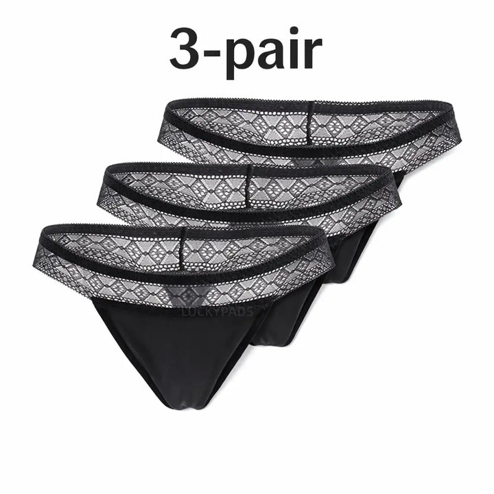 3-pair luckypads period thong underwear, Black