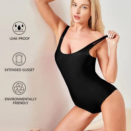 Front View of luckypads swim suit period, Black