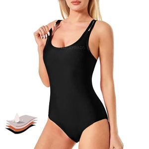 Front View of luckypads swim suit period, Black