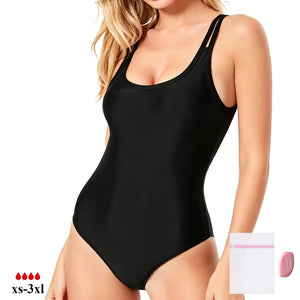 Front View of luckypads swim suit period, Black