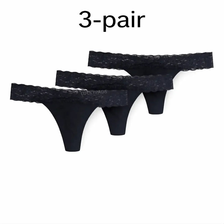 3-pair luckypads thong period underwear, Black